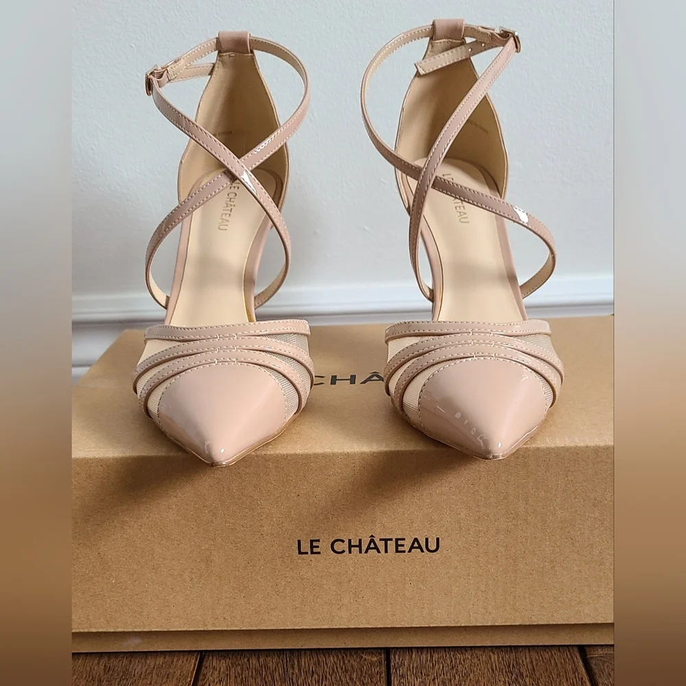 le chateau Nude Patent Pointed-Toe Strappy Ankle Pumps - Picture 2 of 16